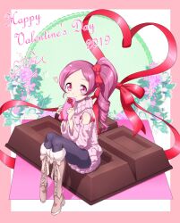 Rule 34 | 1girl, 2019, absurdres, alternate hairstyle, boots, casual, chocolate, commentary request, eyelashes, fur-trimmed boots, fur trim, hanasaki tsubomi, happy, happy valentine, heart, heartcatch precure!, high ponytail, high side ponytail, highres, knee boots, long hair, looking at viewer, matatabi (karukan222), pantyhose, pink eyes, pink hair, pink sweater, ponytail, precure, side ponytail, sitting, smile, solo, sweater, valentine