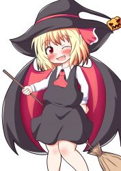Rule 34 | 1girl, ;d, broom, fang, hair ribbon, halloween, halloween costume, hat, highres, one eye closed, open mouth, pumpkin, red eyes, ribbon, rumia, shirt, short hair, skirt, smile, solo, touhou, vest, witch, witch hat, yakumo nanahara