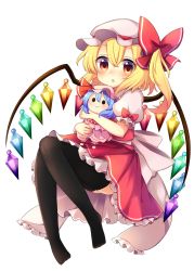 Rule 34 | &gt;:), 1girl, :o, asymmetrical wings, black thighhighs, blonde hair, character doll, dress, flandre scarlet, hair between eyes, hair ribbon, hat, highres, light purple hair, looking at viewer, mob cap, hugging object, objectification, open mouth, puffy short sleeves, puffy sleeves, red dress, red eyes, remilia scarlet, ribbon, ruhika, short sleeves, side ponytail, solo, thighhighs, thighs, touhou, v-shaped eyebrows, wings