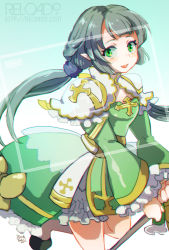 Rule 34 | 1girl, alternate color, arch bishop (ragnarok online), bad id, bad pixiv id, bloomers, blue background, blush, bow, brown hair, cleavage cutout, clothing cutout, commentary request, dated, dress, frilled sleeves, frills, full body, gradient background, green dress, green eyes, holding, holding clothes, holding dress, juliet sleeves, long hair, long sleeves, looking at viewer, official alternate costume, open mouth, pointy ears, puffy sleeves, ragnarok online, reload9 yohji, signature, solo, twintails, underwear, watermark, web address, white background, white dress, yellow bow