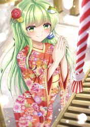 Rule 34 | 1girl, alternate costume, bad id, bad twitter id, blurry, box, closed mouth, depth of field, donation box, floral print, flower, frog hair ornament, green eyes, green hair, hair flower, hair ornament, hair tubes, highres, japanese clothes, kimono, kochiya sanae, long hair, looking at viewer, outdoors, own hands together, red kimono, reijing etrn, sash, shrine, smile, solo, standing, touhou