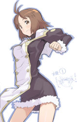 Rule 34 | 1girl, antenna hair, blush, breasts, brown hair, buttons, capelet, cassis, clenched hand, dress, fur trim, head wings, i-iv (longman), light smile, looking at viewer, medium breasts, orange eyes, outline, parted bangs, profile, robot, short dress, short hair, simple background, smile, solo, standing, summon night, tabard, taut clothes, translation request, turtleneck, white background, wind, wind lift, wings