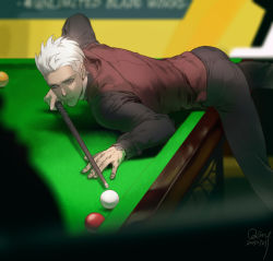 Rule 34 | 10s, 1boy, 2016, aiming, alternate costume, archer (fate), ass, back, ball, bent over, bifanghuanshi, billiard ball, billiards, black pants, black shirt, blurry, closed mouth, cue stick, dark-skinned male, dark skin, dated, depth of field, fate/stay night, fate (series), formal, grey eyes, highres, holding, leg up, long sleeves, male focus, pants, red vest, shadow, shirt, signature, solo, standing, standing on one leg, vest, white hair