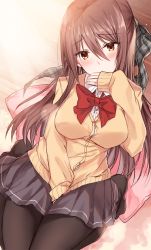 Rule 34 | 1girl, between legs, black pantyhose, blush, bow, breasts, brown cardigan, brown eyes, brown hair, cardigan, collared shirt, commentary request, covered mouth, dress shirt, grey skirt, hair between eyes, hair bow, hand between legs, highres, kinona, long hair, long sleeves, looking at viewer, medium breasts, no shoes, original, pantyhose, pillow, plaid, plaid bow, pleated skirt, red bow, school uniform, shirt, skirt, sleeves past wrists, solo, very long hair, white shirt