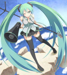 Rule 34 | 1girl, green eyes, green hair, hatsune miku, legs, long hair, matching hair/eyes, megaphone, microphone, microphone stand, necktie, one eye closed, skirt, smile, solo, thighhighs, twintails, very long hair, violetshit, vocaloid, wink