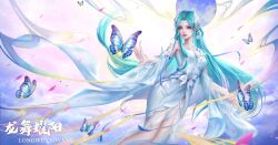 Rule 34 | 1girl, absurdres, bad source, bare legs, blue eyes, blue hair, braid, circle, circlet, closed mouth, detached sleeves, douluo dalu, dress, falling petals, glitter, hair ornament, hair rings, highres, long hair, outstretched hand, petals, second-party source, smile, solo, tang wutong (douluo dalu), white dress, xiao ji jjj