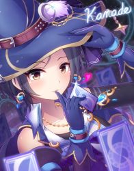 Rule 34 | 10s, 1girl, adjusting clothes, adjusting headwear, black hair, blush, breasts, earrings, gloves, hat, hayami kanade, heart, idolmaster, idolmaster cinderella girls, jewelry, looking at viewer, necklace, parted bangs, qixi cui xing, short hair, smile, solo, witch hat, yellow eyes