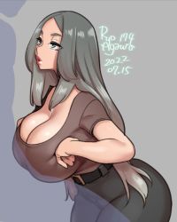 Rule 34 | 1girl, agawa ryou, belt, blue eyes, breasts, cleavage, curvy, grey hair, huge breasts, imminent paizuri, large breasts, lipstick, long hair, makeup, original, paizuri invitation, pants, shirt, simple background, solo, thick thighs, thighs, wide hips