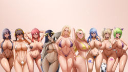 Rule 34 | 6+girls, albedo (overlord), bikini, black hair, blonde hair, blue hair, brandish mew, breasts, crossover, curvy, erza scarlet, fairy tail, green hair, huge breasts, jasony, juvia lockser, large areolae, large breasts, looking at viewer, lucy heartfilia, multiple girls, naruto (series), naruto shippuuden, nipples, overlord (maruyama), red hair, simple background, spy x family, standing, swimsuit, thick thighs, thighs, third-party edit, tsunade (naruto), ultear milkovich, wide hips, yamanaka ino, yor briar
