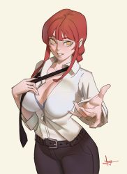 Rule 34 | 1girl, absurdres, belt, black necktie, blue bra, blush, bra, brown background, chainsaw man, come hither, highres, long hair, makima (chainsaw man), mimi milky, necktie, orange pupils, outstretched hand, red hair, see-through, shirt tucked in, signature, simple background, smile, solo, teasing, teeth, underwear, undressing, yellow eyes