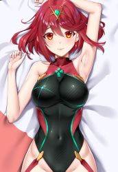 Rule 34 | 1girl, bare shoulders, black one-piece swimsuit, blush, breasts, chest jewel, competition swimsuit, covered navel, earrings, gem, headpiece, jewelry, large breasts, looking at viewer, matrix16, one-piece swimsuit, pyra (pro swimmer) (xenoblade), pyra (xenoblade), red eyes, red hair, red one-piece swimsuit, short hair, smile, solo, swept bangs, swimsuit, tiara, xenoblade chronicles (series), xenoblade chronicles 2