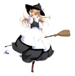 Rule 34 | 1girl, alice margatroid, apron, blonde hair, boots, braid, broom, buttons, character doll, cross-laced footwear, dress, female focus, hair ribbon, hand on headwear, hat, highres, kirisame marisa, kirisato itsuki, lace-up boots, patchouli knowledge, ribbon, solo, touhou, witch hat, yellow eyes