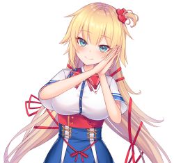 Rule 34 | 1girl, akai haato, akai haato (1st costume), aqua eyes, blonde hair, blush, breasts, buttons, hair ornament, hair ribbon, heart, heart hair ornament, heart in eye, highres, hololive, large breasts, long hair, looking at viewer, own hands clasped, own hands together, ribbon, simple background, solo, symbol in eye, transparent background, upper body, virtual youtuber, white background, yoshiheihe