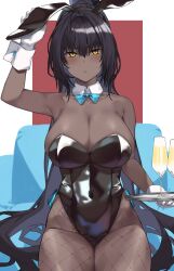 Rule 34 | 1girl, :o, absurdres, animal ears, aqua bow, aqua bowtie, armpits, bare shoulders, black hair, black leotard, blue archive, bow, bowtie, breasts, cleavage, collar, commentary, covered navel, cup, dark-skinned female, dark skin, detached collar, drinking glass, earrings, fake animal ears, fishnet pantyhose, fishnets, gloves, hai ookami, hair between eyes, highres, holding, huge breasts, jewelry, karin (blue archive), karin (bunny) (blue archive), leotard, long hair, looking at viewer, official alternate costume, pantyhose, playboy bunny, rabbit ears, sidelocks, sitting, sleeveless, solo, tan, traditional bowtie, tray, white collar, white gloves, wine glass, wrist cuffs, yellow eyes