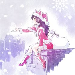 Rule 34 | 1girl, bag, black hair, blake belladonna, blush, boots, chimney, christmas, dress, from side, full body, fur trim, gift, hat, hat ornament, hat ribbon, iesupa, long hair, long sleeves, looking ahead, looking to the side, outdoors, outstretched arm, parted lips, red dress, ribbon, rwby, sack, santa costume, santa hat, sitting, skirt, snow, snowflakes, snowing, solo, winter, yellow eyes
