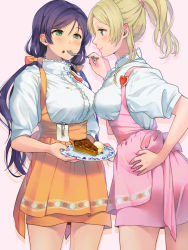 Rule 34 | 2girls, ayase eli, blonde hair, blue eyes, blush, bow, breasts, dessert, dress, eating, feeding, food, food on face, fork, green eyes, hair bow, hair tie, hand on own hip, heart, highres, holding, holding plate, ice cream, idol, kate iwana, large breasts, legs, love live!, love live! school idol project, low twintails, multiple girls, name tag, orange dress, pecan pie, pie, pink dress, plate, ponytail, purple hair, shirt, smile, stain, tojo nozomi, twintails, waitress, white shirt, yuri