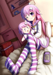Rule 34 | 10s, 1girl, bed, blush, box, d-pad, dogoo, feet, female focus, game console, hair ornament, highres, nepgear, neptune (series), no shoes, one eye closed, prinny, prophosphere, purple eyes, purple hair, solo, striped clothes, striped thighhighs, stuffed animal, stuffed toy, thighhighs