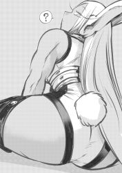 Rule 34 | 1girl, ?, animal ears, ass, bare shoulders, boku no hero academia, closed mouth, commentary request, dark-skinned female, dark skin, dot mouth, from behind, greyscale, heattech leotard, highres, leotard, long hair, looking back, mirko, monochrome, muscular, muscular female, nstime23, rabbit ears, rabbit girl, rabbit tail, sitting, solo, spoken question mark, tail, thighhighs, turtleneck, very long hair