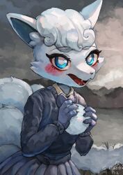 Rule 34 | 1girl, :3, absurdres, alolan form, alolan vulpix, animal ears, animal nose, artist name, black sweater, blue bow, blue bowtie, blue eyes, blue fur, blush, body fur, bow, bowtie, bright pupils, cloud, cloudy sky, creatures (company), day, fangs, female focus, flat chest, fox ears, fox girl, fox tail, furry, furry female, game freak, gen 7 pokemon, grey skirt, grey sky, happy, highres, holding, holding snowball, looking at viewer, nintendo, open mouth, outdoors, pepper gecko72, personification, pleated skirt, pokemon, pokemon (creature), shirt tucked in, short hair, signature, skirt, sky, smile, snout, snow, snowball, solo, standing, sweater, tail, tongue, twitter username, two-tone fur, upper body, white fur, white hair, white pupils