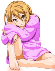 Rule 34 | 1girl, bare shoulders, barefoot, blonde hair, brown eyes, brown hair, extra, feet, foot focus, grin, hugging own legs, k-on!, long hair, looking at viewer, naked sweater, no panties, ribbed sweater, shinama, simple background, smile, solo, sweater, tachibana himeko, toes, white background