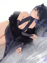 Rule 34 | 1girl, animal ears, black dress, black hair, blue archive, breasts, bridal gauntlets, china dress, chinese clothes, cleavage, cleavage cutout, clothing cutout, commentary, different reflection, dress, dutch angle, elbow gloves, feather boa, floral print, gloves, hidulume, highres, large breasts, long hair, looking at viewer, lying, lying on water, neck tassel, on side, parted lips, pelvic curtain, reflection, reflective water, shun (blue archive), sleeveless, sleeveless dress, solo, thighs, tiger ears, water, white background