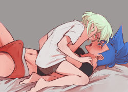 Rule 34 | 2boys, androgynous, asymmetrical hair, aus vaka, black shirt, blue eyes, blue hair, blush, bulge, galo thymos, green hair, grey male underwear, hand in another&#039;s hair, highres, imminent kiss, kneeling, lio fotia, looking at another, lying, male focus, male underwear, midriff, mohawk, multiple boys, navel, on back, open mouth, promare, red male underwear, shirt, short hair, sidecut, spiked hair, sweatdrop, undercut, underwear, white shirt, yaoi