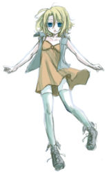 Rule 34 | 00s, 1girl, breasts, brown dress, cleavage, collarbone, dress, el cazador de la bruja, ellis, ellis (el cazador de la bruja), full body, grey thighhighs, looking at viewer, outstretched arms, shoelaces, shoes, simple background, small breasts, sneakers, solo, thighhighs, tokitsukaze otoha, white background, zettai ryouiki