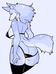 Rule 34 | 1girl, blue hair, breasts, covered erect nipples, closed eyes, furry, furry female, kazuhiro, long hair, monochrome, simple background, solo, thighhighs, wolf