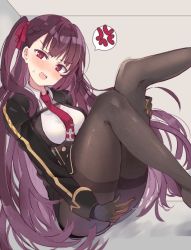 Rule 34 | 1girl, anger vein, angry, black gloves, chocho (homelessfox), girls&#039; frontline, gloves, hair ribbon, long hair, necktie, open mouth, pantyhose, purple hair, red eyes, ribbon, side ponytail, solo, thighband pantyhose, very long hair, wa2000 (girls&#039; frontline)