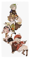 Rule 34 | 4girls, absurdres, animal ear fluff, animal ears, aqua eyes, armor, backpack, bag, basket, bell, black bag, blush, border, bow, brown bag, brown eyes, brown footwear, brown gloves, brown hair, cat ears, cat girl, cat tail, character request, closed eyes, closed mouth, clover, clover print, cocktail shaker, diona (genshin impact), fishnets, food, genshin impact, gloves, grey background, grey eyes, grey feathers, grey footwear, grey headwear, hair bell, hair ornament, handbag, hat, highres, holding, holding food, holding vegetable, klee (genshin impact), leaf, leaf on head, light brown hair, looking at viewer, mole, mole under eye, multicolored footwear, multiple girls, navel, ninja, nzdd000, hugging object, one eye closed, open mouth, pink hair, pointy ears, pouch, red eyes, red headwear, sayu (genshin impact), short hair, simple background, sketch, skindentation, sleepy, sleeves past wrists, socks, tail, tassel, vambraces, vegetable, white border, white bow, white socks, x hair ornament, yaoyao (genshin impact)