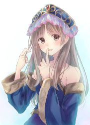 Rule 34 | 1girl, atelier (series), atelier meruru, bare shoulders, blush, brown eyes, brown hair, collarbone, commentary request, detached collar, finger to mouth, headdress, long hair, long sleeves, looking at viewer, mogupon, parted lips, solo, totooria helmold, upper body