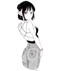 Rule 34 | 1girl, backless outfit, bad id, bad pixiv id, black hair, closed mouth, cross, cross earrings, dende (dndn222), earrings, facing away, greyscale, hair behind ear, high-waist pants, highres, jewelry, looking at viewer, looking back, medium bangs, monochrome, original, pants, scan, scan artifacts, short hair, solo, standing, traditional media