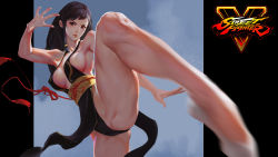 Rule 34 | 1girl, absurdres, alternate hair length, alternate hairstyle, bare legs, bracelet, breasts, brown hair, capcom, chun-li, cleavage, copyright name, flats, grandia lee, hair down, highres, jewelry, kicking, large breasts, logo, long hair, motion blur, no bra, official alternate costume, revision, sash, sideboob, solo, spiked bracelet, spikes, street fighter, street fighter v, thick thighs, thighs