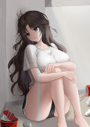 Rule 34 | 1girl, absurdres, against wall, ass, bare legs, barefoot, black hair, black shorts, breasts, brown eyes, chopsticks, collarbone, empty eyes, highres, indoors, knees up, large breasts, long hair, messy hair, ming (user arcn7324), on floor, open mouth, original, shirt, short sleeves, shorts, sitting, solo, thighs, trash, used tissue, white shirt
