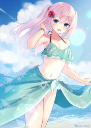 Rule 34 | 1girl, :d, arm up, bare arms, bead bracelet, beads, bikini, blue eyes, blush, bracelet, breasts, clothes lift, cloud, collarbone, day, dutch angle, flower, frilled bikini, frills, hair between eyes, hair flip, hair flower, hair ornament, hair tie, horizon, jewelry, lens flare, long hair, looking at viewer, navel, ocean, open mouth, original, outdoors, pink hair, red flower, sarong, sarong lift, shell, shirai tanuki, shore, smile, solo, standing, swimsuit, twitter username, two side up