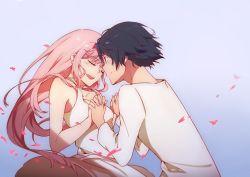 Rule 34 | 10s, 1boy, 1girl, bare shoulders, black hair, blue eyes, blue horns, blush, chenaze57, closed eyes, collarbone, commentary request, couple, darling in the franxx, face-to-face, facing another, fang, fingernails, forehead-to-forehead, fringe trim, hair ornament, hairband, heads together, hetero, highres, hiro (darling in the franxx), holding hands, horns, long hair, looking at another, nightgown, oni horns, pajamas, petals, pink hair, red horns, short hair, sleeveless, white hairband, white nightgown, white pajamas, zero two (darling in the franxx)