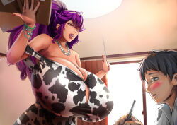 Rule 34 | 1boy, 1girl, agu (agoppdki), breasts, cleavage, gigantic breasts, highres, jewelry, ponytail, purple hair, shy, studying