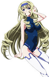 Rule 34 | 10s, 1girl, adjusting hair, arm support, bare shoulders, blonde hair, blue eyes, bodysuit, breasts, cecilia alcott, covered navel, drill hair, from side, hair between eyes, hairband, halterneck, highres, impossible clothes, impossible leotard, infinite stratos, ka2, large breasts, leotard, light smile, lolita hairband, long hair, looking at viewer, pelvic curtain, pilot suit, sidelocks, simple background, sitting, skin tight, smile, solo, thighhighs, turtleneck, very long hair, white background, white thighhighs