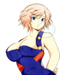 Rule 34 | 1girl, arms behind back, bare shoulders, blue eyes, breasts, blowing bubbles, chewing gum, cleavage, efunosan, female focus, huge breasts, large breasts, medaka box, naked overalls, no bra, overalls, pink hair, short hair, solo, yunomae otome