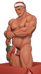 Rule 34 | 1boy, bara, blush, box, christmas, completely nude, erection, facial hair, happy, hat, highres, in box, in container, kansuke (kansuke 717), large pectorals, male focus, male pubic hair, mature male, muscular, muscular male, nude, original, pectorals, pubic hair, red hat, ribbon, santa costume, santa hat, short hair, sideburns stubble, smile, sock on penis, socks, solo, standing, stubble, sweatdrop, thick eyebrows, thick thighs, thighs