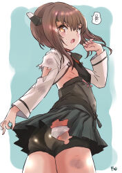 Rule 34 | 1girl, ass, bike shorts, bow (weapon), brown eyes, brown hair, commentary request, corset, cowboy shot, crossbow, flat chest, from behind, fuji (pixiv24804665), grey shirt, headband, headgear, highres, kantai collection, looking at viewer, panties, shirt, shorts, shorts under skirt, solo, spoken squiggle, squiggle, taihou (kancolle), torn clothes, underwear, weapon, white panties