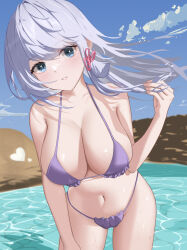 Rule 34 | 1girl, ayaka (genshin impact), bare arms, bare shoulders, bikini, blue eyes, blue sky, breasts, cloud, commentary request, cowboy shot, day, genshin impact, grey hair, hand up, heart, highres, large breasts, long hair, looking at viewer, navel, outdoors, parted lips, purple bikini, sky, solo, standing, stomach, swimsuit, thighs, whitehartlane13