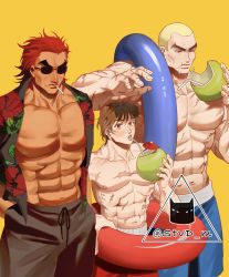 Rule 34 | 3boys, abs, artist logo, artist name, bara, biting, blonde hair, boxer briefs, brothers, brown hair, buzz cut, cigarette, coconut, collared shirt, dark-skinned male, dark skin, eating, father and son, feet out of frame, grappler baki, hand in pocket, hanma baki, hanma yujiro, highres, jack hanma, large pectorals, lifebuoy, looking at viewer, looking to the side, male focus, male underwear, manly, mature male, multiple boys, muscular, muscular male, nipples, open clothes, open shirt, pants, pectorals, red eyes, red hair, scar, scar on arm, scar on chest, scar on stomach, scared, shirt, short hair, siblings, simple background, smoking, spiked hair, stvd, sunglasses, swim ring, thick eyebrows, topless male, twitter username, umbrella, underwear, very short hair, yellow background