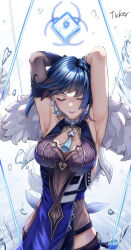 Rule 34 | 1girl, armpits, arms up, bare shoulders, blue hair, breasts, cleavage, cleavage cutout, closed eyes, clothing cutout, commentary request, elbow gloves, fur trim, genshin impact, gloves, highres, large breasts, parted lips, pink lips, simple background, sleeveless, smile, solo, ticker (kks2ksy), upper body, white background, yelan (genshin impact)