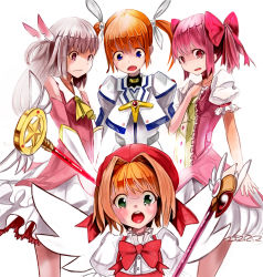 Rule 34 | 10s, 1990s (style), 4girls, :o, aiai (hidetti), bad id, bad pixiv id, blue eyes, blush, bow, brown hair, bubble skirt, cardcaptor sakura, choker, commentary request, cropped jacket, crossover, elbow gloves, fate/kaleid liner prisma illya, fate (series), feather hair ornament, feathers, fuuin no tsue, gloves, green eyes, hair ornament, hair ribbon, hand on own chest, hat, highres, illyasviel von einzbern, kaleidostick, kaname madoka, kinomoto sakura, looking down, lyrical nanoha, magical girl, magical ruby, mahou shoujo lyrical nanoha, mahou shoujo lyrical nanoha the movie 1st, mahou shoujo madoka magica, mahou shoujo madoka magica (anime), multiple crossover, multiple girls, no gloves, orange hair, pink eyes, pink hair, prisma illya, purple eyes, red bow, red eyes, red hair, retro artstyle, ribbon, short hair, silver hair, skirt, takamachi nanoha, takamachi nanoha (movie 1st mode), trait connection, twintails, wand, wavy mouth, white gloves, wings