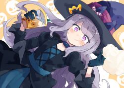 Rule 34 | 1girl, ^^^, black dress, black gloves, blush, bubble tea, choker, commentary request, cotton candy, dress, dutch angle, ears through headwear, food, food on face, gloves, hat, highres, horse girl, long hair, long sleeves, looking at viewer, mejiro mcqueen (umamusume), orange background, pumpkin background, purple choker, purple eyes, purple hair, solo, totomono, umamusume, witch hat