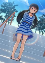 Rule 34 | 1girl, arms behind back, bag, bare legs, belt, blue dress, blue footwear, blue sky, blush, breast pocket, brown eyes, brown hair, closed mouth, collarbone, commentary request, day, denim, denim jacket, dress, dutch angle, full body, holding, idolmaster, idolmaster cinderella girls, jacket, jewelry, kamille (vcx68), lens flare, long hair, long sleeves, looking at viewer, low twintails, nakano yuka, necklace, no socks, open clothes, open jacket, outdoors, pigeon-toed, pocket, sky, smile, solo, stairs, standing, striped clothes, striped dress, tree, twintails