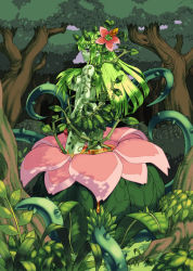 Rule 34 | 1girl, alraune, alraune (monster girl encyclopedia), censored, colored skin, completely nude, convenient censoring, flower, forest, green skin, hair over breasts, kenkou cross, monster girl, monster girl encyclopedia, nature, nude, official art, original, plant, plant girl, topless, vines