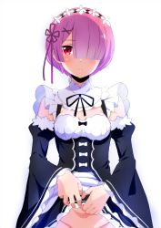 Rule 34 | 1girl, absurdres, breasts, cleavage, cleavage cutout, clothes lift, clothing cutout, commentary request, detached sleeves, female focus, groin, hair ornament, hair over one eye, hair ribbon, highres, island (kossori), looking at viewer, maid, maid headdress, medium breasts, out-of-frame censoring, pink hair, purple ribbon, ram (re:zero), re:zero kara hajimeru isekai seikatsu, red eyes, ribbon, short hair, skirt, skirt lift, solo, x hair ornament