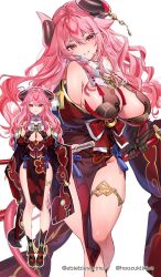 Rule 34 | animal ears, bare shoulders, breasts, cow ears, cow girl, cow horns, cow tail, dress, full body, grin, highres, holding, holding sword, holding weapon, hoozu kiiriya, horns, indie virtual youtuber, japanese clothes, katana, large breasts, official art, pelvic curtain, pink hair, revealing clothes, sheath, shuri (84k), smile, sword, tail, thick thighs, thighhighs, thighs, virtual youtuber, wavy hair, weapon